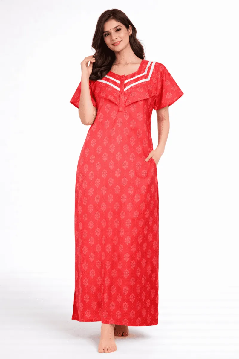 Women's Cotton Zipper Nighty, Frill Style, Red